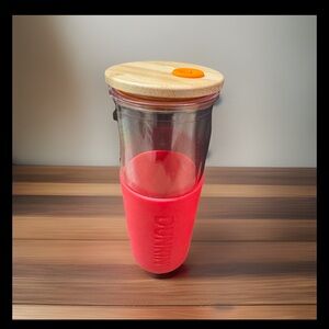 Dunkin Donuts :Plastic Tumbler 24oz with Bamboo Lid Pink Silicone Sleeve : used